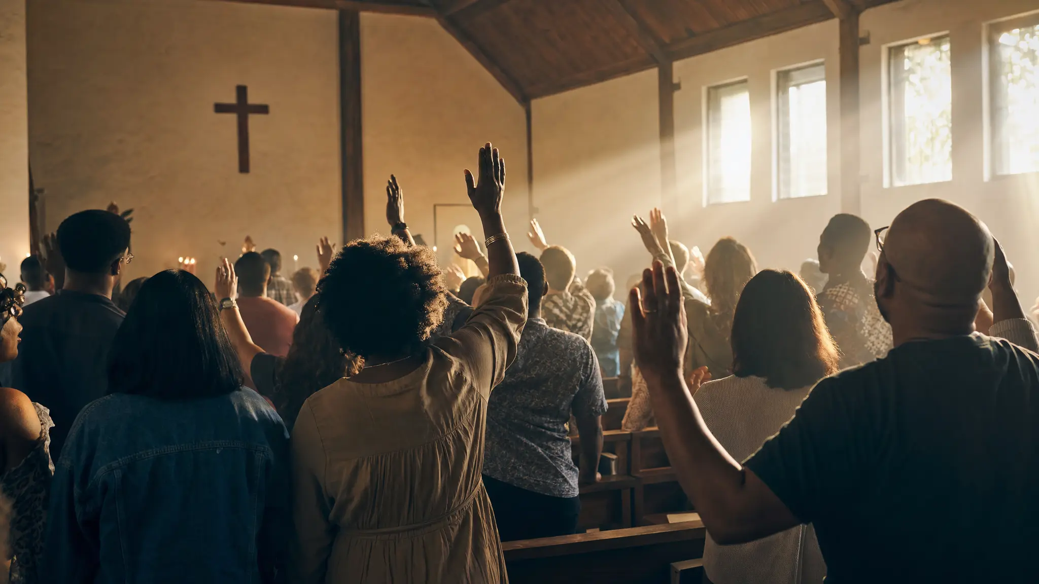 A congregation lifting their hands in an intimate sunlit worship gathering
